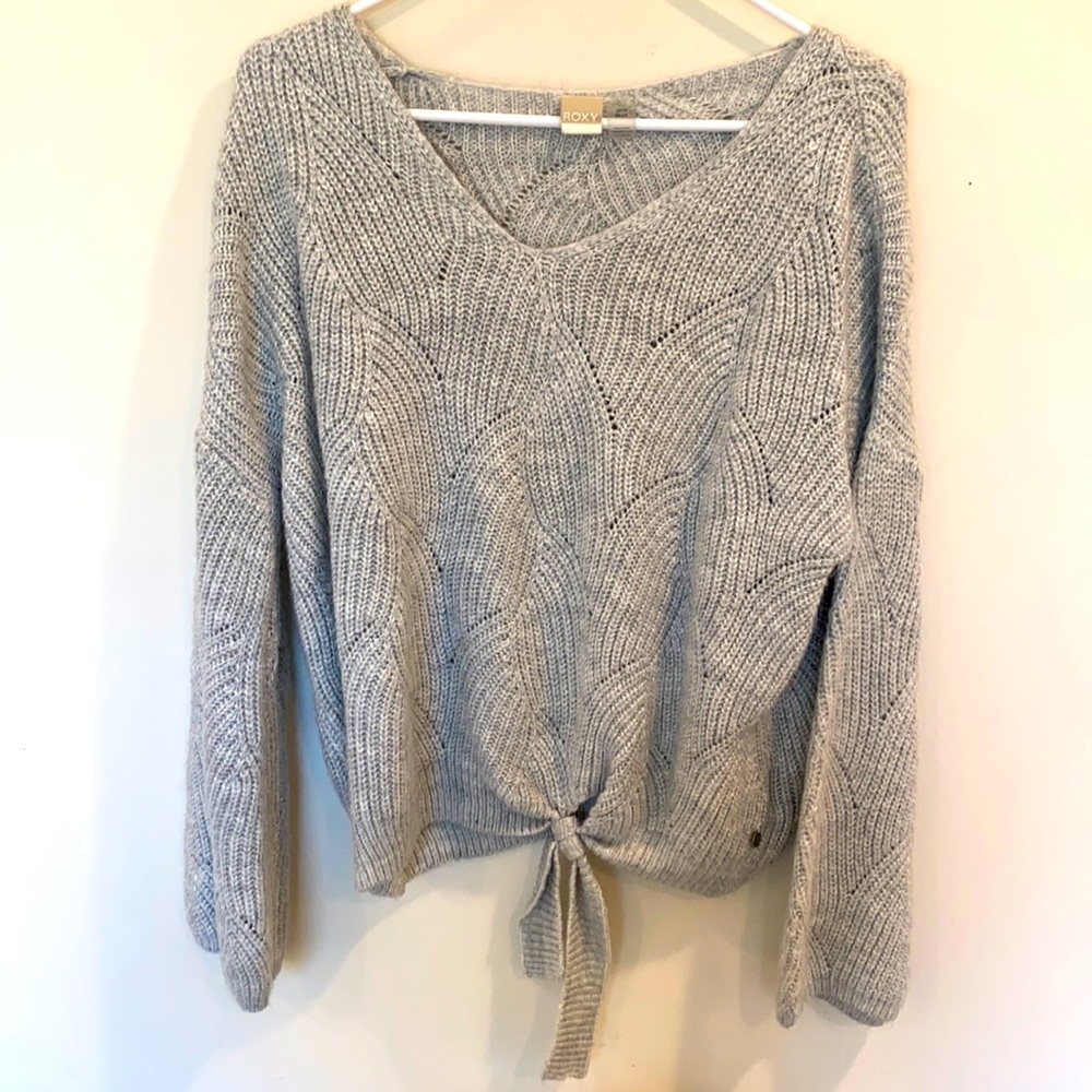 Roxy grey sweater front tie and bell sleeves